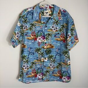 Yiume Men's Hawaiian Shirt-Short Sleeve-100% Cotton-Dolphins Palm Trees-MED